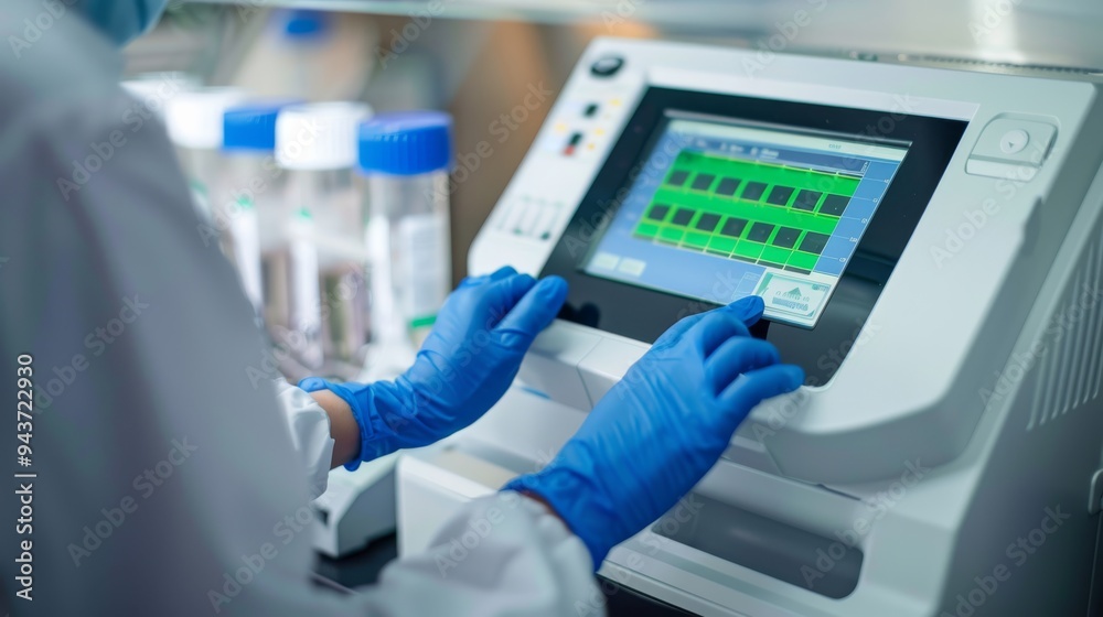 Close-up view of a researcher's hands controlling a PCR machine, focusing on the machine's display and control systems. Close-up view of a researcher's hands controlling a PCR machine, focusing on the machine's display and control systems.