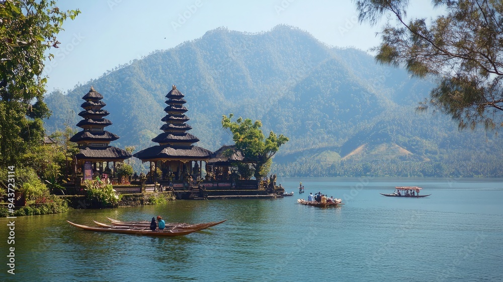 Obraz premium Photograph of a Balinese temple in Bali, Indonesia, with a lake and mountain backdrop