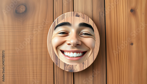 Happy smile relax face in wooden lable and positive thinking . Emotion happiness feed good  concept. Customer review assessment quality or feedback good mood, Happy mental isolated with white highli photo