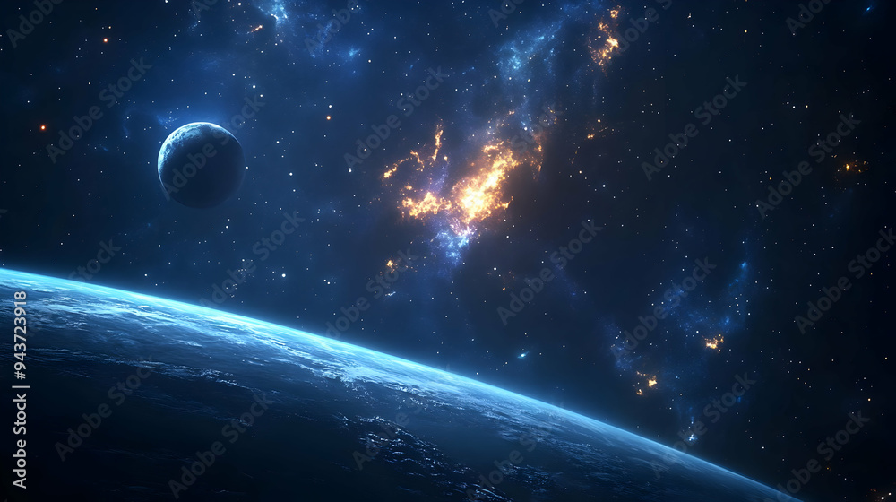 A planet's horizon with a glowing nebula in the distance.