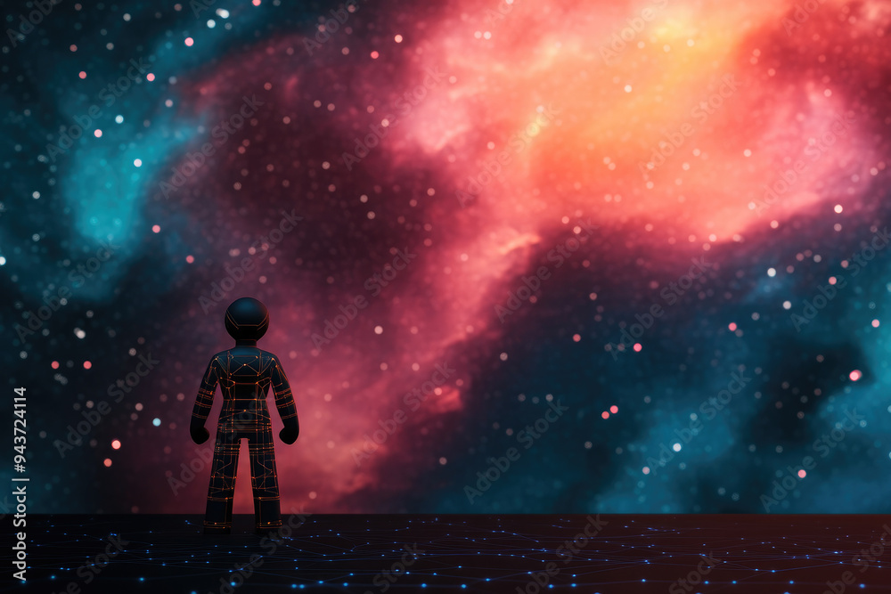 Galactic Dreamer, a small figure stands against a vibrant cosmic background of swirling colors and stars, contemplating the mysteries of the universe and beyond. Galactic Dreamer, a small figure stands against a vibrant cosmic background of swirling colors and stars, contemplating the mysteries of the universe and beyond.