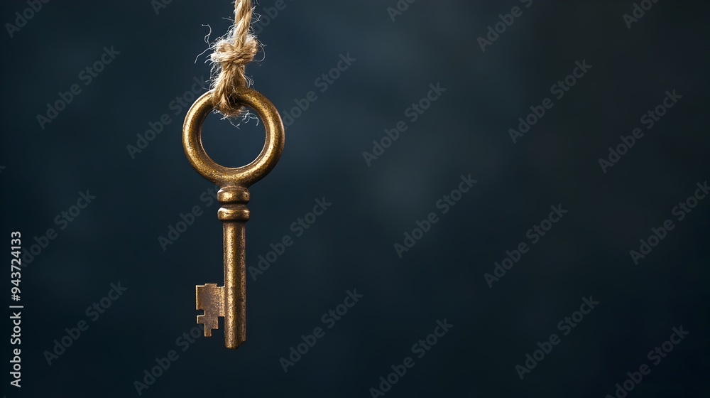 A hanging key suspended from a thin string representing potential opportunity and possibilities The simplistic design leaves ample copy space for text or graphic overlay A hanging key suspended from a thin string representing potential opportunity and possibilities The simplistic design leaves ample copy space for text or graphic overlay