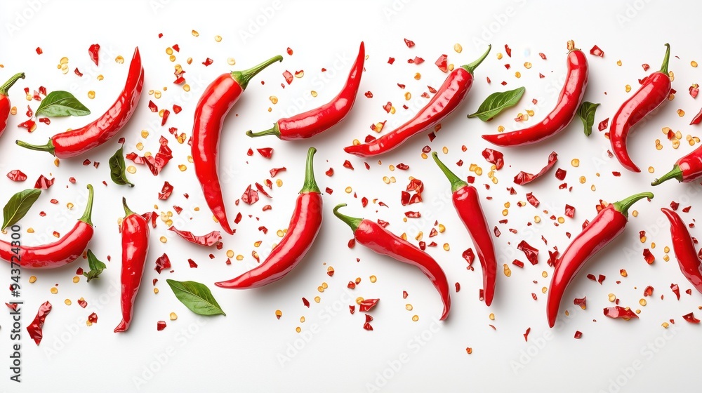Sliced red hot chilies with chili flakes on a white background Sliced red hot chilies with chili flakes on a white background
