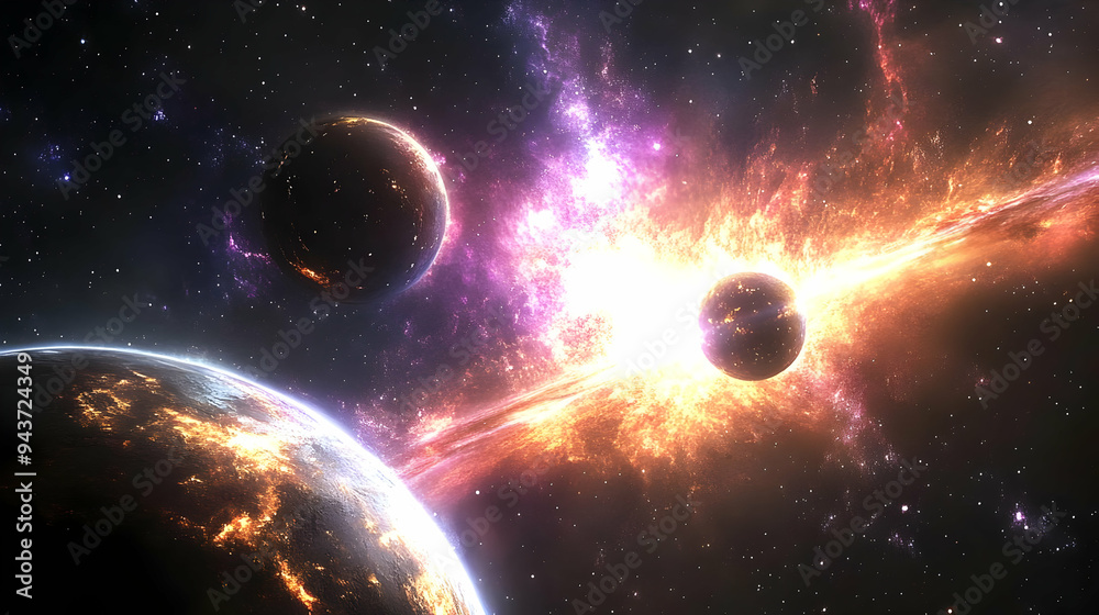 A powerful explosion in space with planets and stars. A powerful explosion in space with planets and stars.