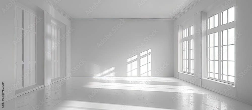 Perspective of a large vacant room featuring blank frames and a window. with copy space image. Place for adding text or design Perspective of a large vacant room featuring blank frames and a window. with copy space image. Place for adding text or design