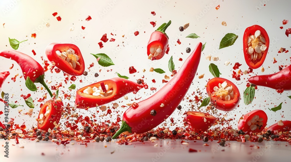 Sliced red hot chilies flying with chili flakes on a white background Sliced red hot chilies flying with chili flakes on a white background