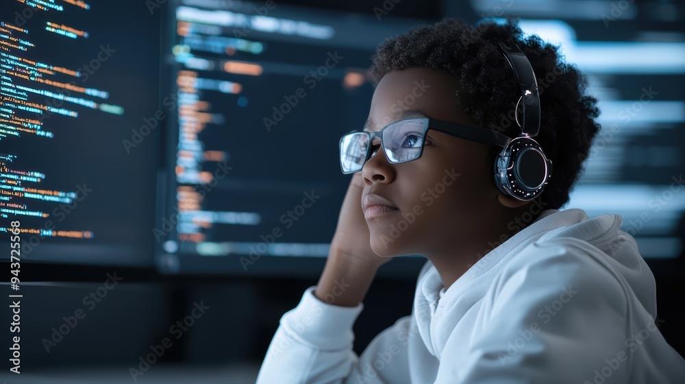 Focused young boy with headphones, immersed in coding on computer screens. Focused young boy with headphones, immersed in coding on computer screens.