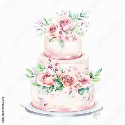 A beautiful two-tier cake adorned with delicate pink roses, perfect for weddings or celebrations.