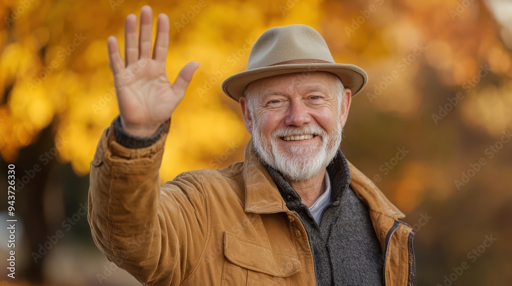 Smiling elderly man waving in autumn park, showcasing warmth and friendliness. Smiling elderly man waving in autumn park, showcasing warmth and friendliness.