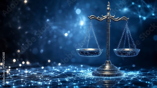 The digital scales of justice against the backdrop of data and code symbolize the rule of law in the virtual world