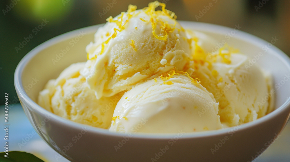 Refreshing scoops of lemon ice cream in a ceramic bowl.