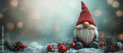 Scandinavian gnome to enhance your holiday decor Christmas advent decoration Concept for Christmas or New Year greeting card mock up. with copy space image. Place for adding text or design