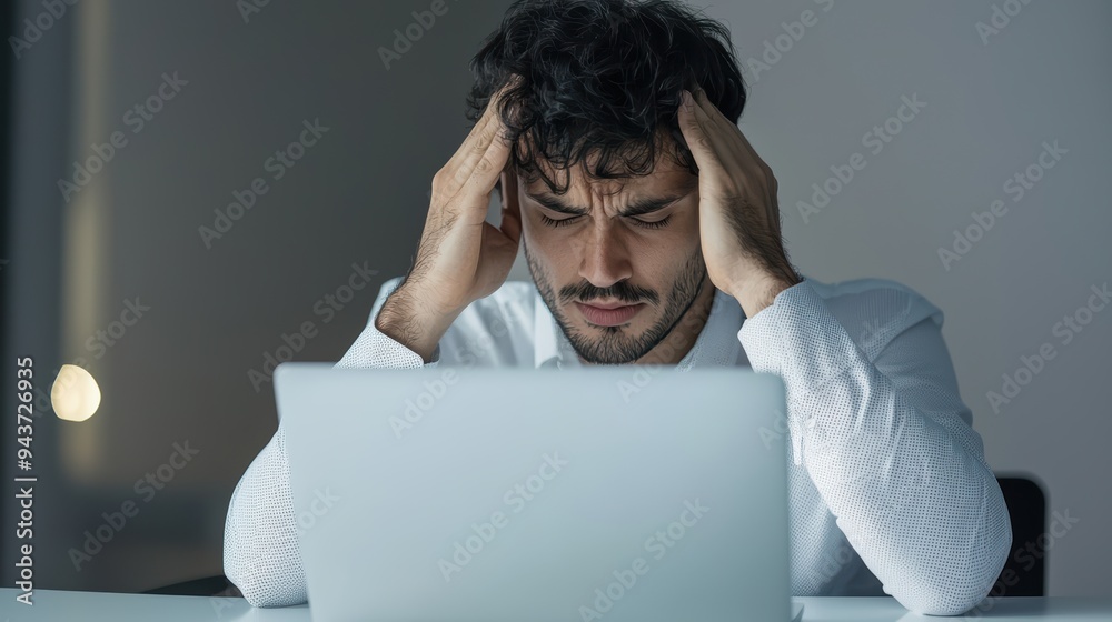 Stressed man holding his head while working on laptop, expressing frustration and anxiety. Stressed man holding his head while working on laptop, expressing frustration and anxiety.