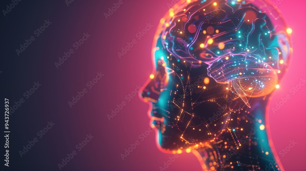 Brain inside a human head glowing with vibrant lights, set against a smooth, futuristic gradient background, Brain inside a human head glowing with vibrant lights, set against a smooth, futuristic gradient background,