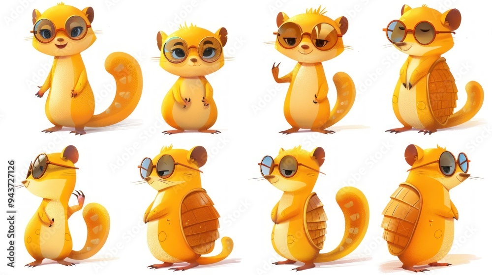 Naklejka premium A collection of cute, animated squirrels in various poses and styles, wearing glasses.