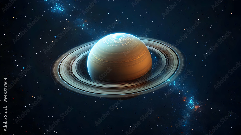 A ringed planet in space with a starry background.
