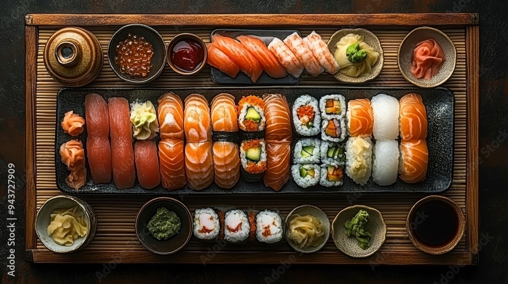An assortment of sushi including nigiri, maki, sashimi, and various condiments, elegantly presented on a wooden board suitable for culinary content, menus, and restaurant promotions, An assortment of sushi including nigiri, maki, sashimi, and various condiments, elegantly presented on a wooden board suitable for culinary content, menus, and restaurant promotions,