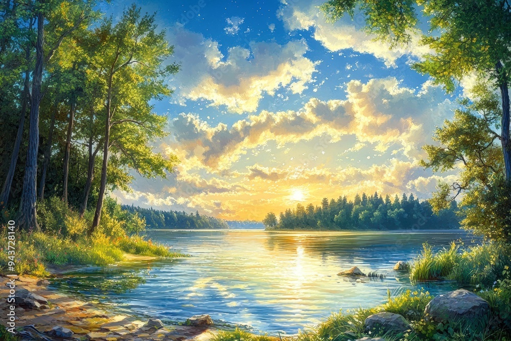 Serene lakeside scene at sunset with vibrant sky, calm water, and lush greenery, ideal for nature-themed projects, travel brochures, and relaxation illustrations, Serene lakeside scene at sunset with vibrant sky, calm water, and lush greenery, ideal for nature-themed projects, travel brochures, and relaxation illustrations,