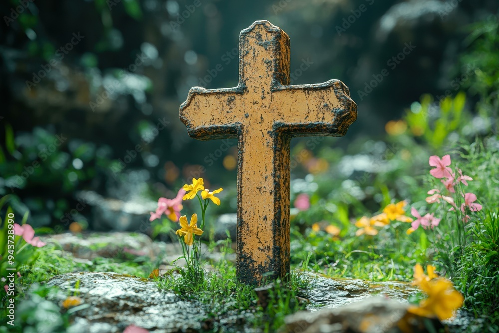 A rustic, weathered cross stands in a lush, sunlit garden adorned with vibrant wildflowers, symbolizing peace, remembrance, and spiritual reflection, ideal for memorial, religious A rustic, weathered cross stands in a lush, sunlit garden adorned with vibrant wildflowers, symbolizing peace, remembrance, and spiritual reflection, ideal for memorial, religious