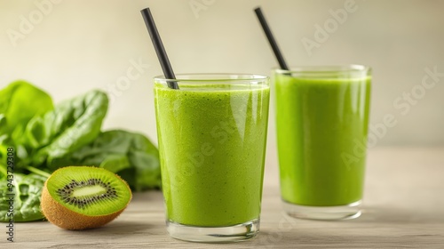 Fresh green smoothie with kiwi and spinach, served in clear glasses, evokes sense of health and vitality. 