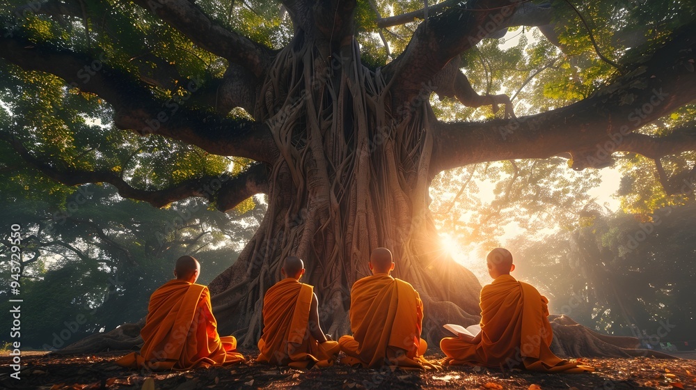 Fototapeta premium Monks Reading Sacred Scriptures Under Ancient Bodhi Tree with Gentle Sunlight