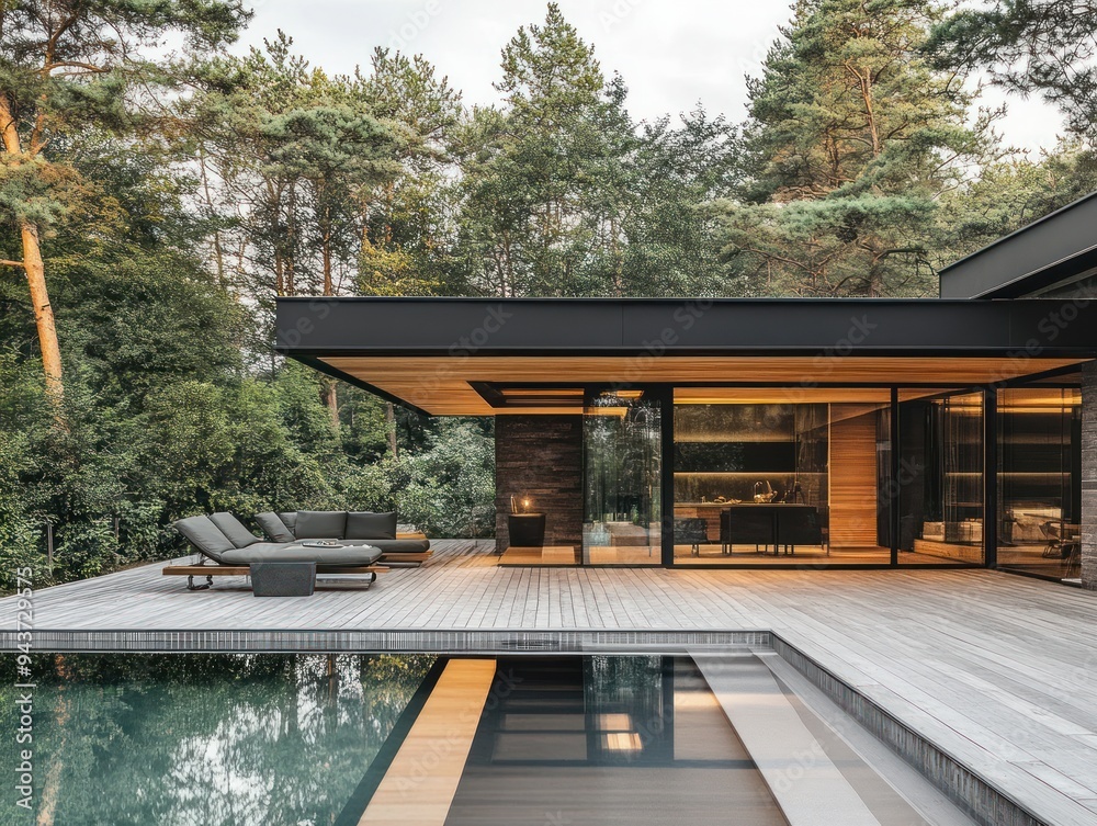 Fototapeta premium luxury swimming pool with wooden terrace
