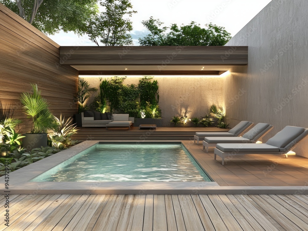 modern swimming pool with wooden terrace modern swimming pool with wooden terrace