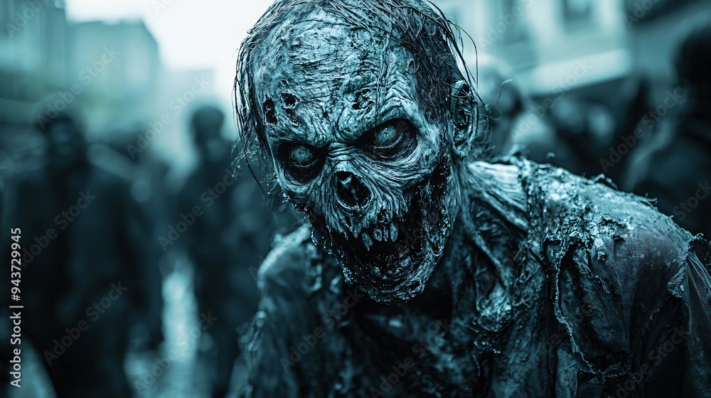 Obraz premium Halloween-themed ghoul zombie portrait, perfect for Halloween events, spooky decorations, or themed parties with copy space.