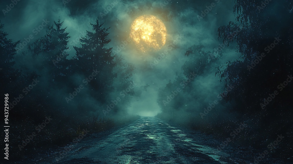 Halloween atmosphere with a foggy forest scene illuminated by a full moon, ideal for spooky decorations, event flyers, or haunted house themes with copy space. Halloween atmosphere with a foggy forest scene illuminated by a full moon, ideal for spooky decorations, event flyers, or haunted house themes with copy space.