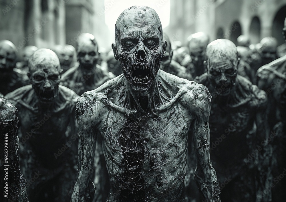 Halloween zombie horde in a chilling, apocalyptic scene depicting a terrifying atmosphere with potential for horror-themed events and promotional uses, with copy space. Halloween zombie horde in a chilling, apocalyptic scene depicting a terrifying atmosphere with potential for horror-themed events and promotional uses, with copy space.