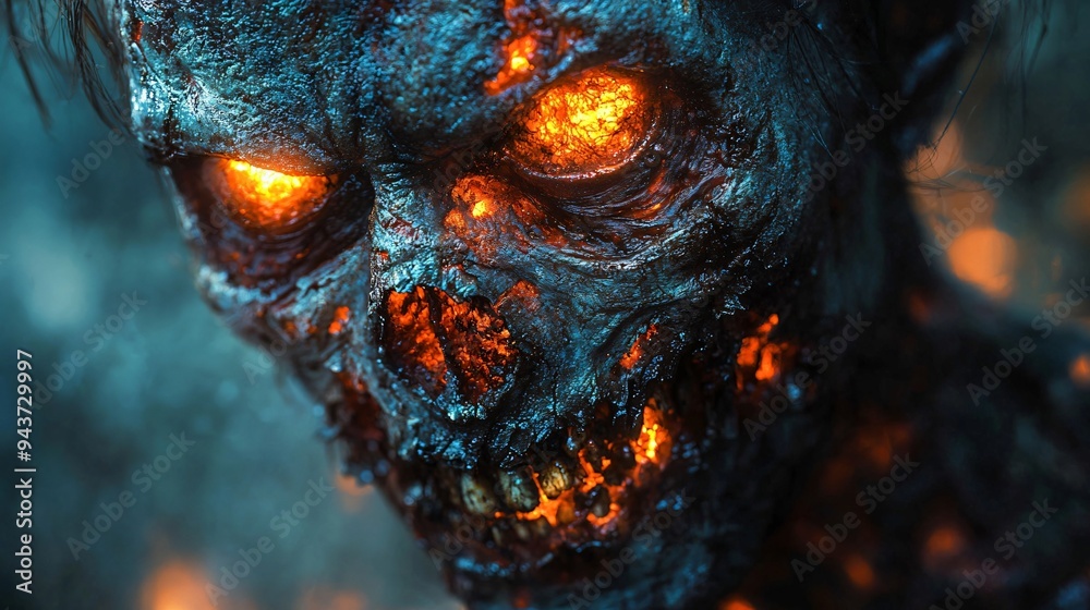 Obraz premium Halloween ghoul zombie with glowing eyes, perfect for spooky promotions, haunted house themes, or Halloween event decorations with copy space.