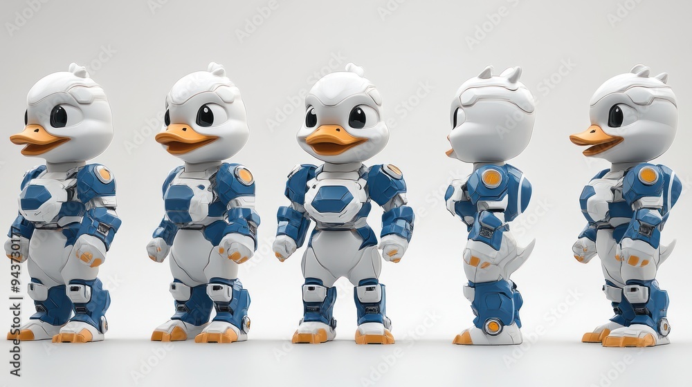 A cartoon duck character in a futuristic robotic suit, shown from multiple angles. A cartoon duck character in a futuristic robotic suit, shown from multiple angles.