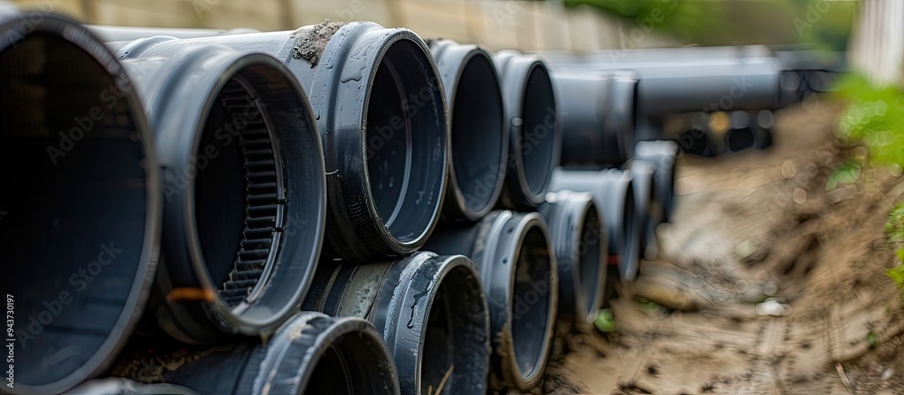 Close up of a stack of large diameter black plastic sewer pipes used for water or drainage at an industrial construction site. with copy space image. Place for adding text or design Close up of a stack of large diameter black plastic sewer pipes used for water or drainage at an industrial construction site. with copy space image. Place for adding text or design
