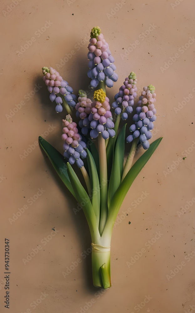 Fototapeta premium Spring Floral Pattern Featuring Grape Hyacinth Muscari Flowers, Creating a Minimal Nature Still Life with a Blooming Purple Bouquet on a Beige Background
