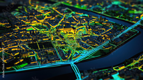 Technical aerial visual, 3D LiDAR GIS aerial map satellite scan model isolated, showing Mnster, Germany. Elevation, topography, render photo