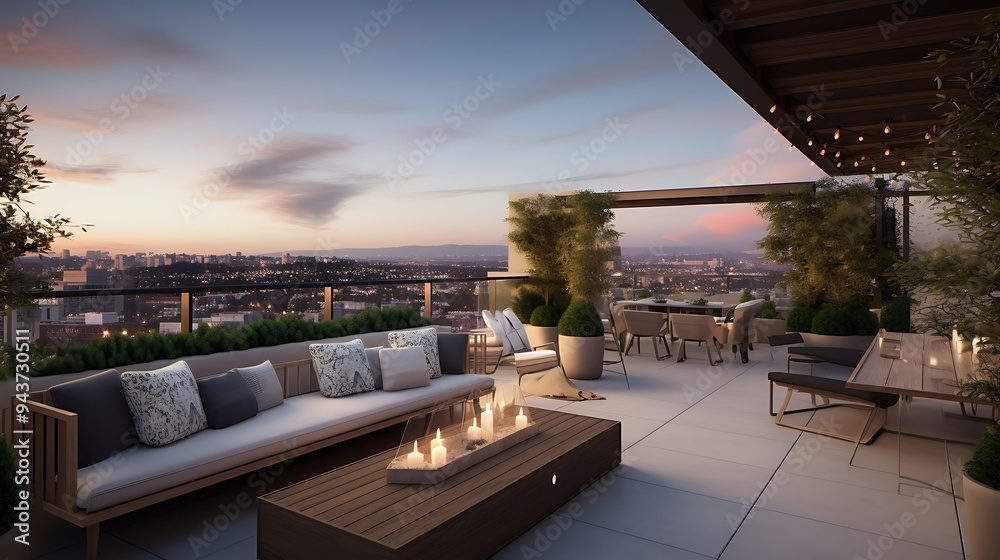 Obraz premium An urban rooftop lounge featuring modern seating and vibrant atmosphere