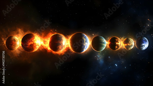 A row of planets in space w...
