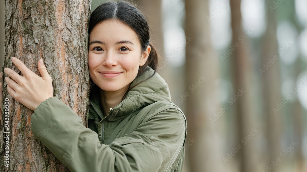 Smiling woman hugging tree in forest, expressing joy and connection with nature. Smiling woman hugging tree in forest, expressing joy and connection with nature.