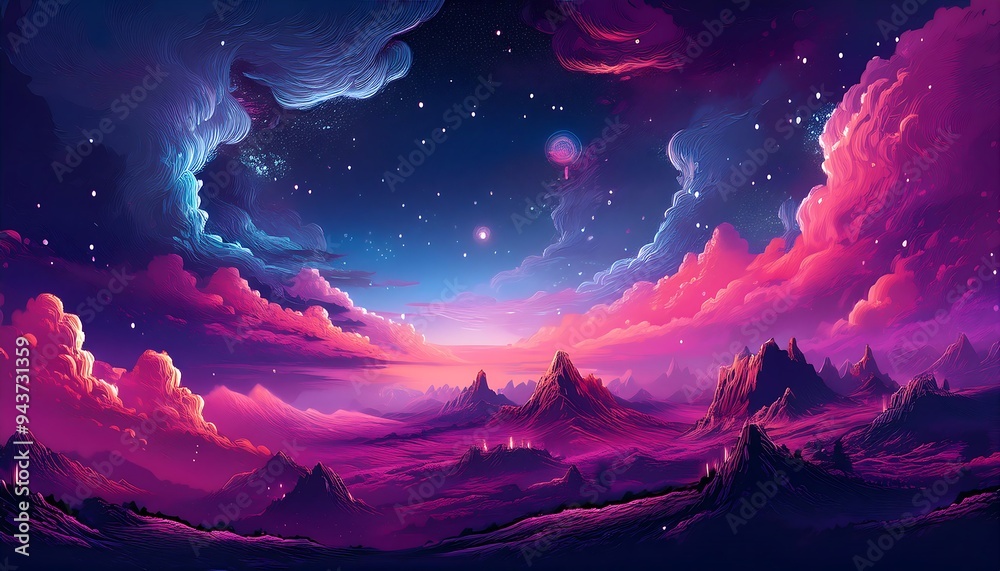 Fototapeta premium Pixelated Nebula Glow - A simple pixel art scene featuring a vibrant nebula with soft clouds of gas. Game design galaxy poster. Graphic art 8 bit illustration poster