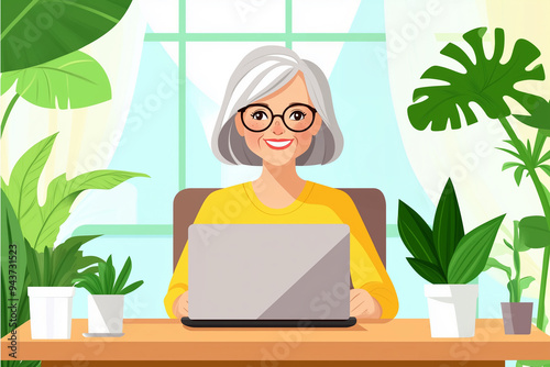 A cute and happy older woman sits at her laptop, surrounded by plants in the background. The style is a flat illustration with simple shapes and soft colors. She has short gray hair and glasses. 