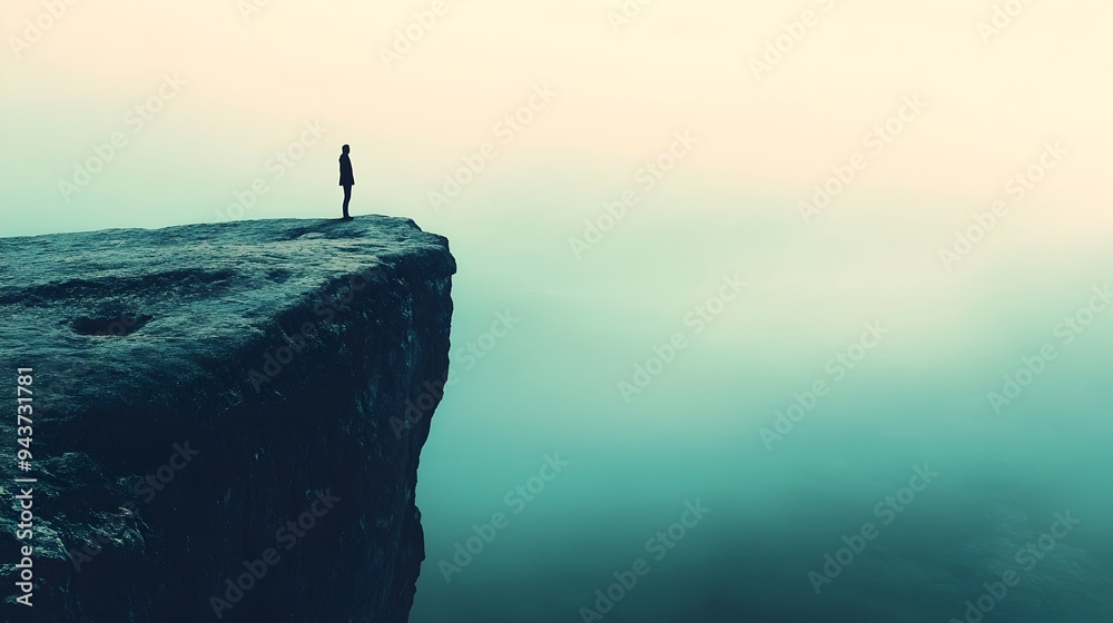 A person standing at the edge of a cliff gazing out over the vast landscape below symbolizing the courage determination A person standing at the edge of a cliff gazing out over the vast landscape below symbolizing the courage determination