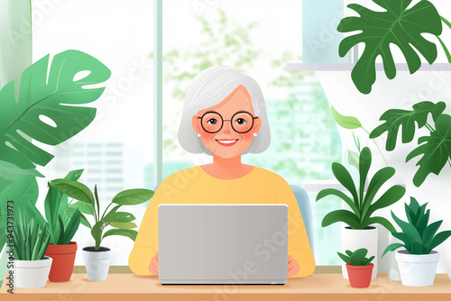 A cute and happy older woman sits at her laptop, surrounded by plants in the background. The style is a flat illustration with simple shapes and soft colors. She has short gray hair and glasses. 