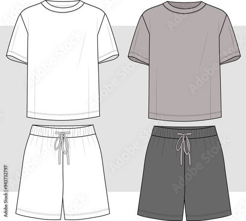 Mens T Shirt and short set flat sketch illustration, Set of short sleeve t shirt casual wear fashion illustration drawing template mock up