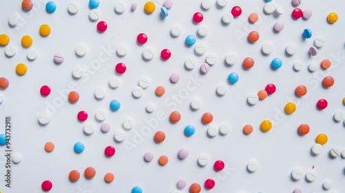 Colorful pills scattered on white background