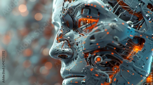 Complex AI components assembling into a face, detailed and vivid, with a pure, clean background