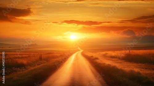 Tranquil Road Disappearing into the Sunset Symbolizing Closure with Copy Space Peaceful landscape with a winding road fading into the horizon creating a sense of finality and new beginnings