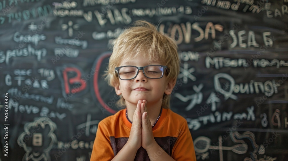 A young boy is praying in front of a chalkboard with various letters A young boy is praying in front of a chalkboard with various letters