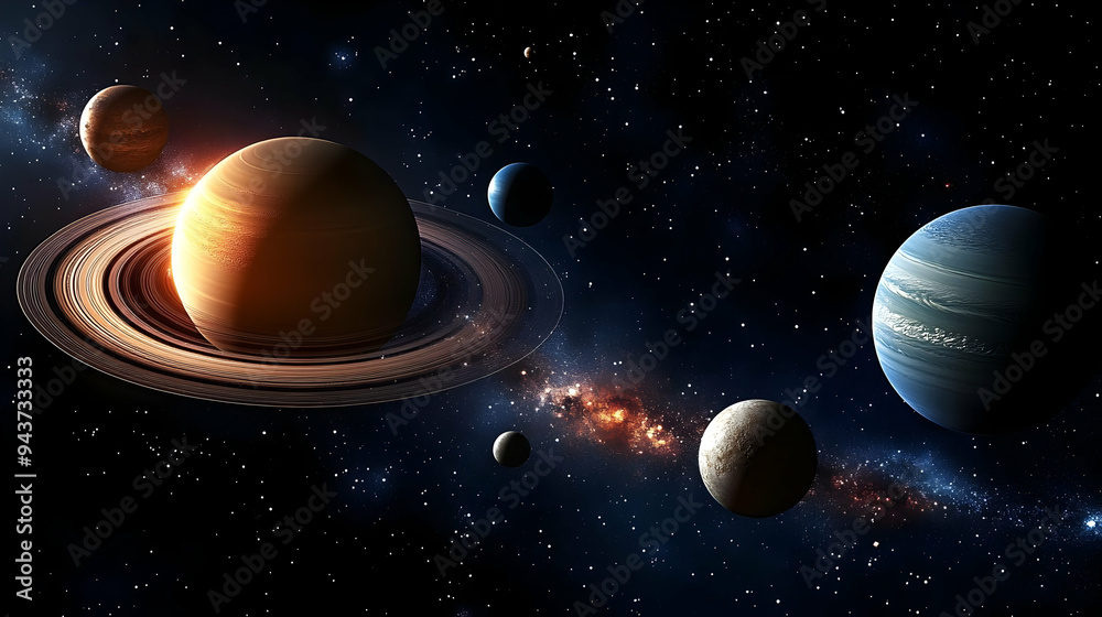 A scenic view of a planetary system with a ringed gas giant and other planets, all in front of a starry galaxy. A scenic view of a planetary system with a ringed gas giant and other planets, all in front of a starry galaxy.