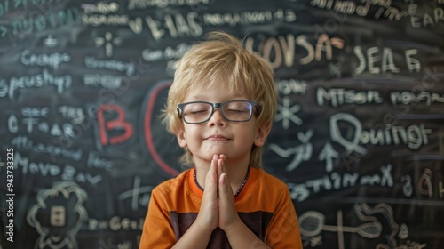 A young boy is praying in front of a chalkboard with various letters