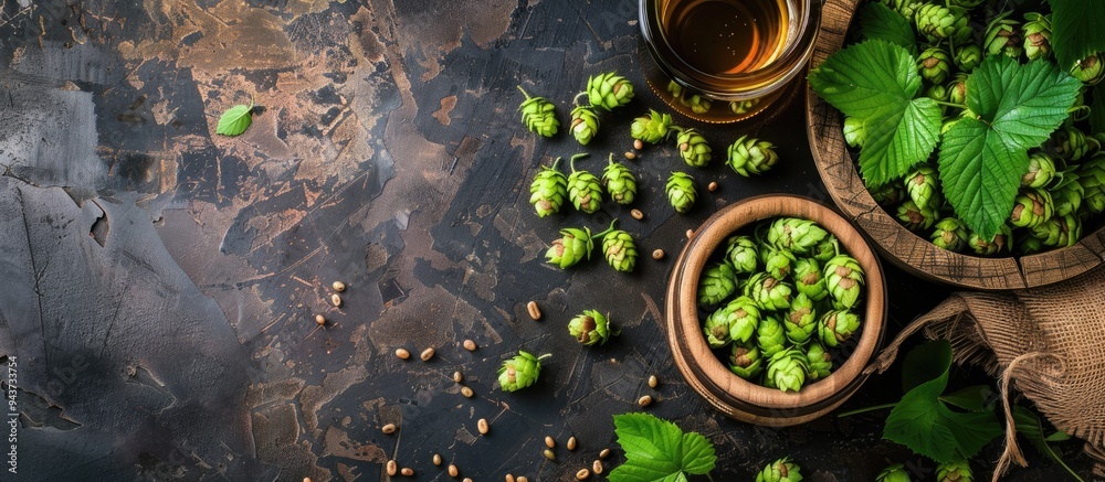 Wooden bowl and glass jar with hops on a wooden background top view. with copy space image. Place for adding text or design Wooden bowl and glass jar with hops on a wooden background top view. with copy space image. Place for adding text or design